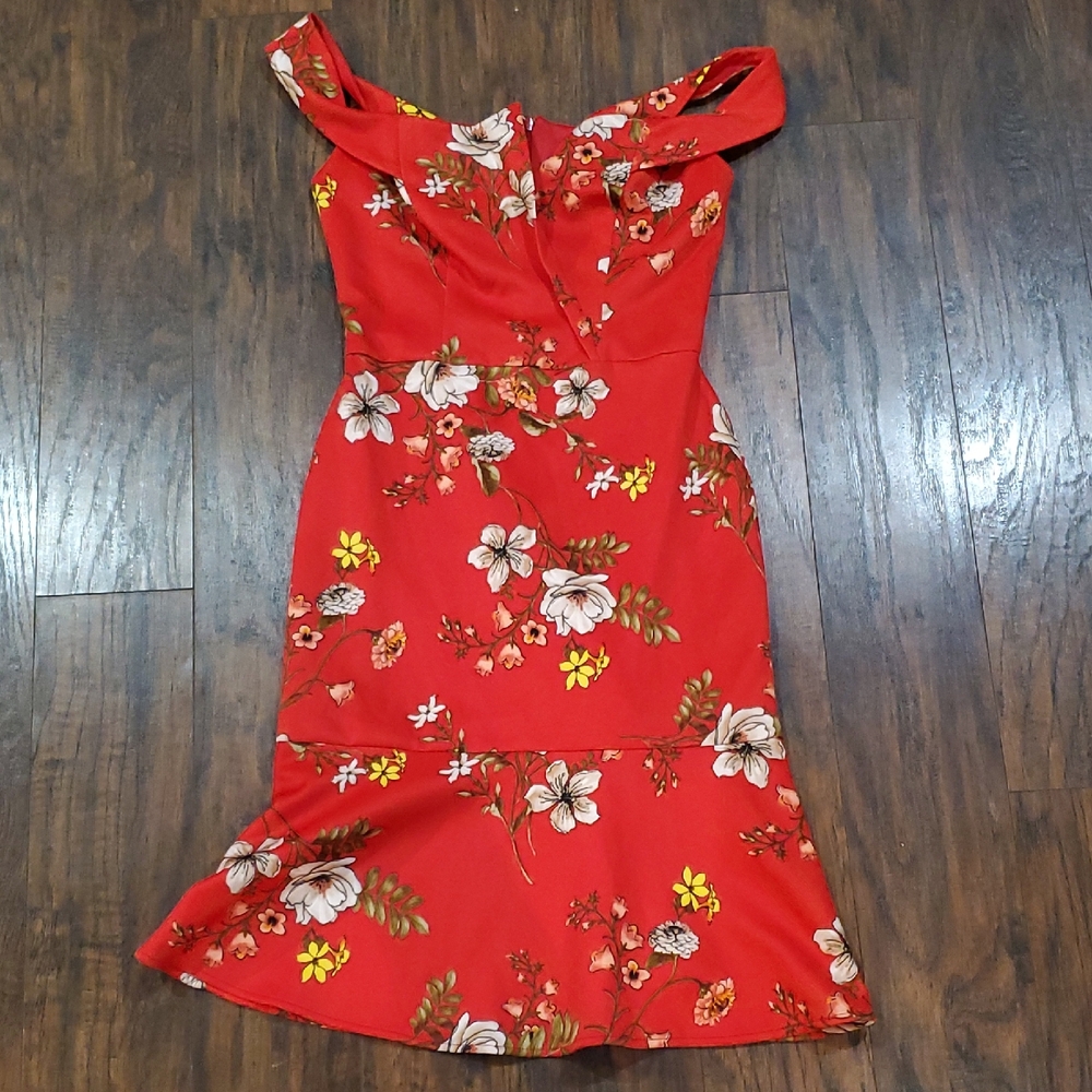 Rue De La Paix  Red Floral Off-Shoulder Mini Dress